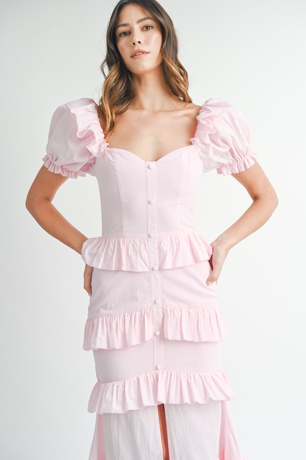 EVA BUTTON FRONT RUFFLE TIERED MAXI DRESS