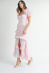 EVA BUTTON FRONT RUFFLE TIERED MAXI DRESS