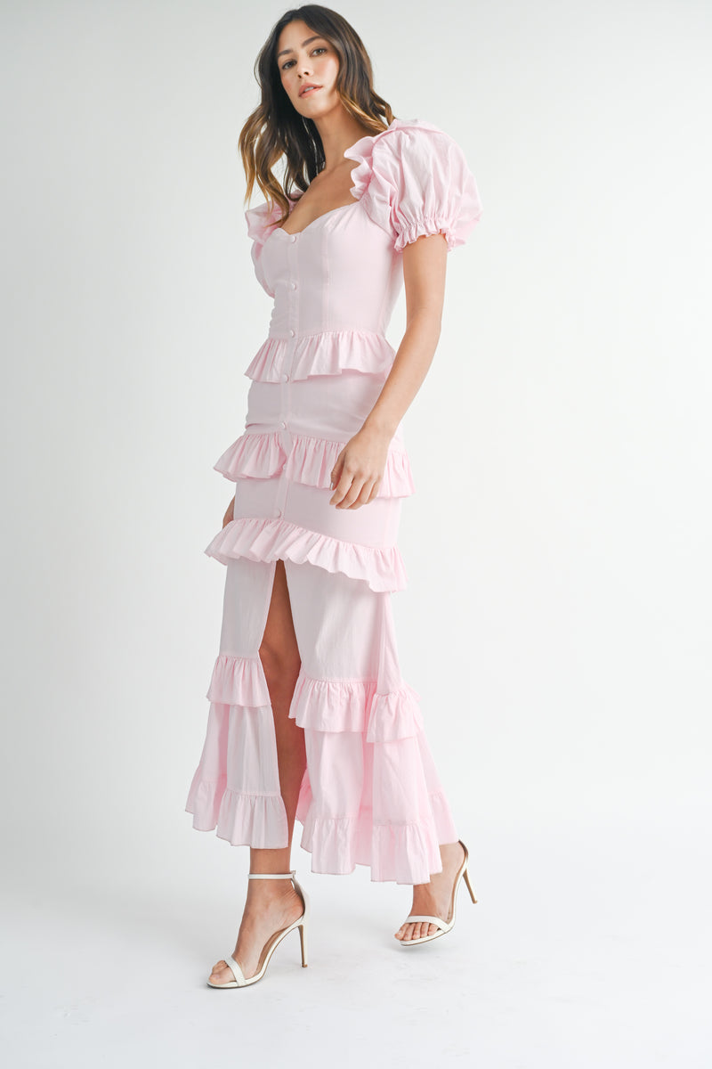 EVA BUTTON FRONT RUFFLE TIERED MAXI DRESS