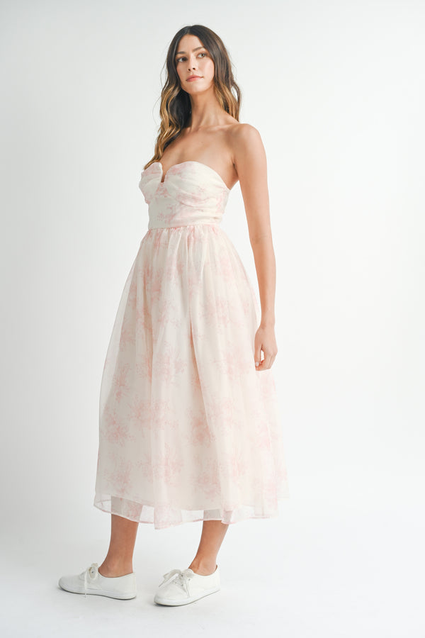 NYLA FLORAL ORGANZA PLUNGED MIDI DRESS