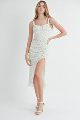 CHLOE FLORAL RUCHED MIDI CORSET DRESS
