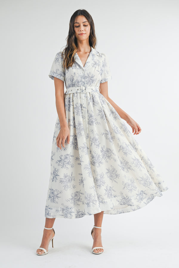 ANNA BUTTON DOWN BELTED FLORAL MIDI DRESS