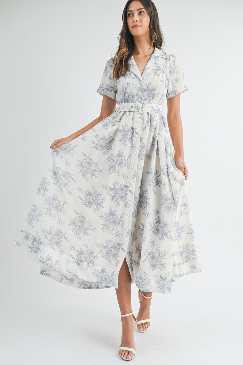 ANNA BUTTON DOWN BELTED FLORAL MIDI DRESS