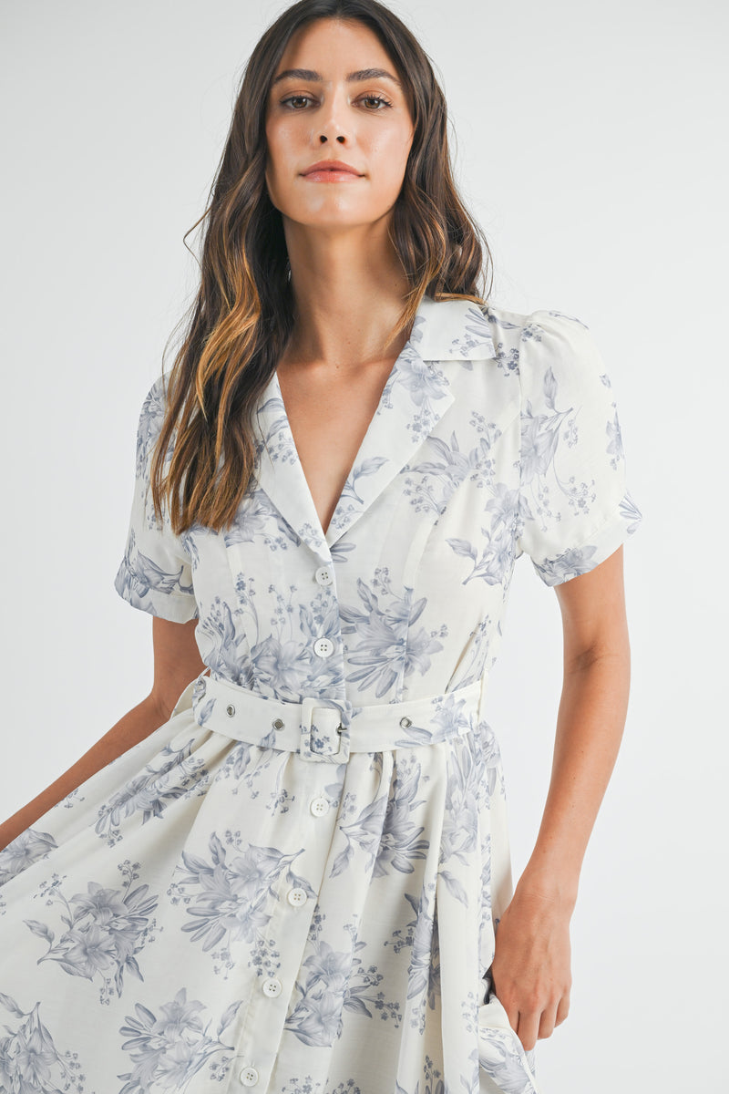 ANNA BUTTON DOWN BELTED FLORAL MIDI DRESS