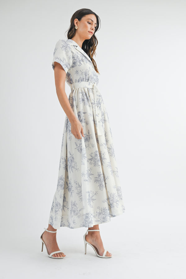 ANNA BUTTON DOWN BELTED FLORAL MIDI DRESS