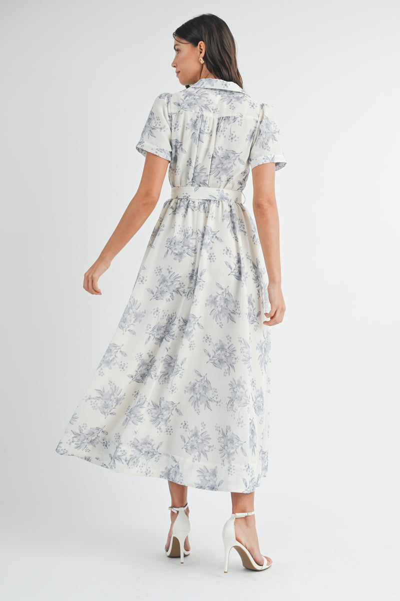 ANNA BUTTON DOWN BELTED FLORAL MIDI DRESS