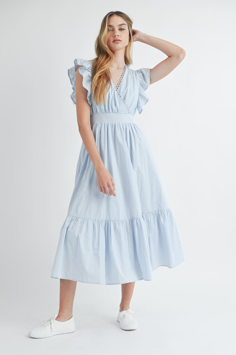 AVELINE POPLIN SCALLOPED TRIM SURPLUS MIDI DRESS