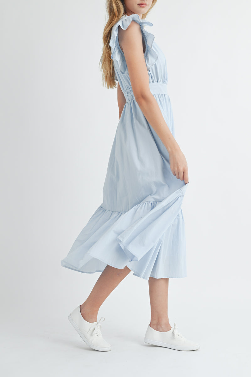 AVELINE POPLIN SCALLOPED TRIM SURPLUS MIDI DRESS