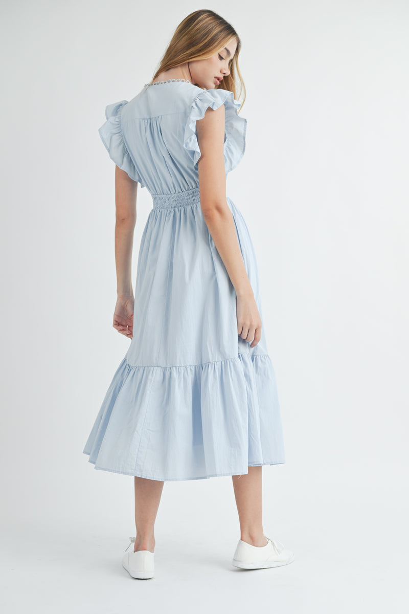 AVELINE POPLIN SCALLOPED TRIM SURPLUS MIDI DRESS