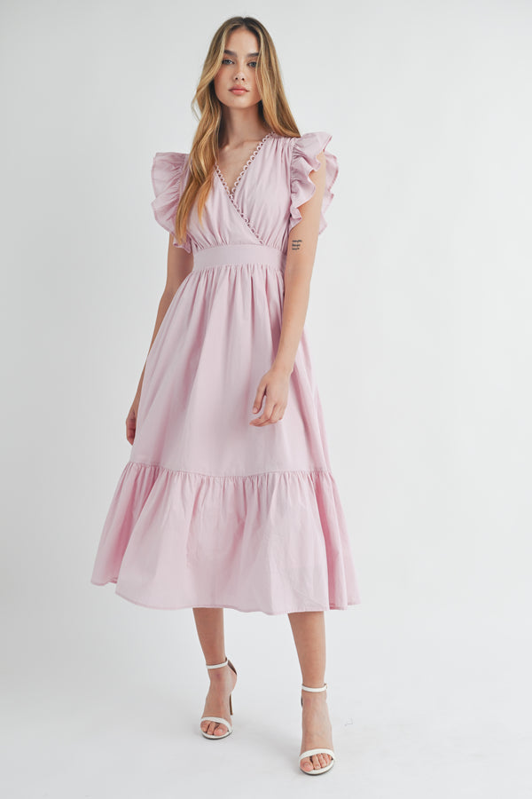 AVELINE POPLIN SCALLOPED TRIM SURPLUS MIDI DRESS