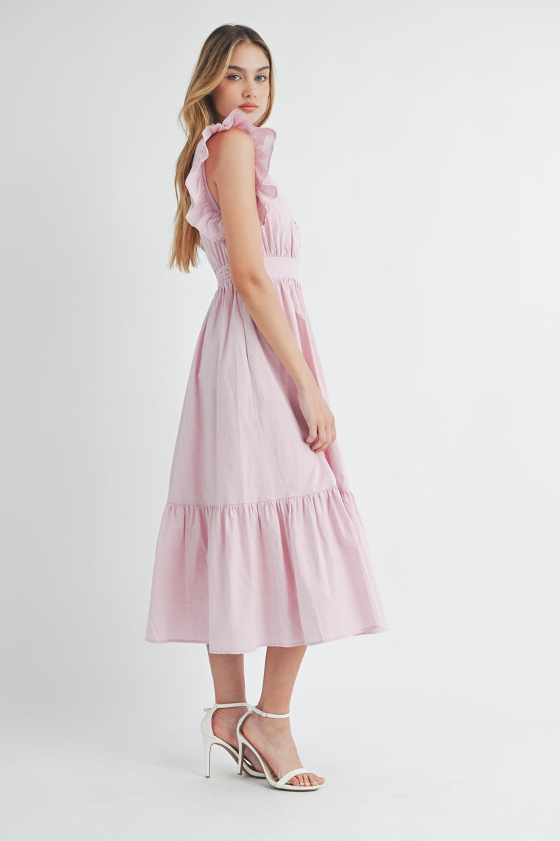 AVELINE POPLIN SCALLOPED TRIM SURPLUS MIDI DRESS