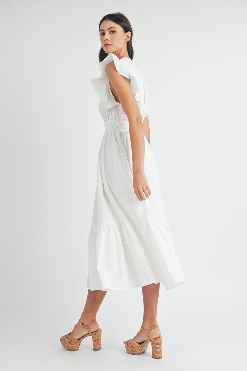 AVELINE POPLIN SCALLOPED TRIM SURPLUS MIDI DRESS