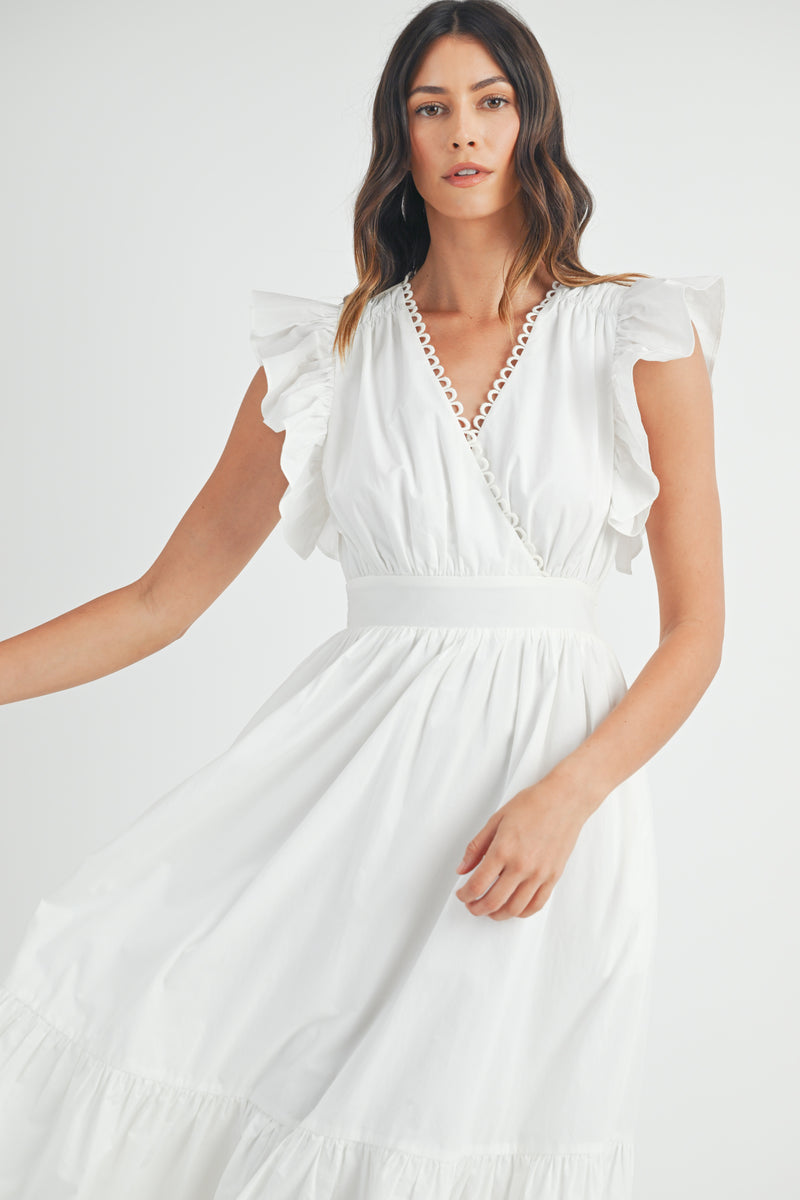 AVELINE POPLIN SCALLOPED TRIM SURPLUS MIDI DRESS