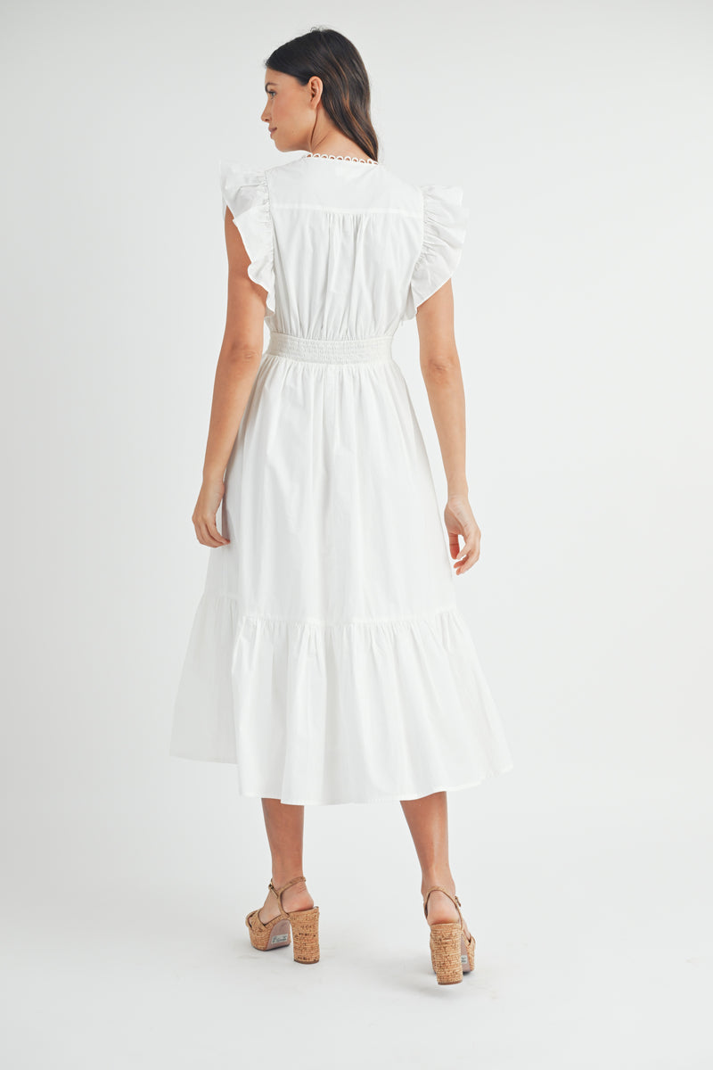 AVELINE POPLIN SCALLOPED TRIM SURPLUS MIDI DRESS