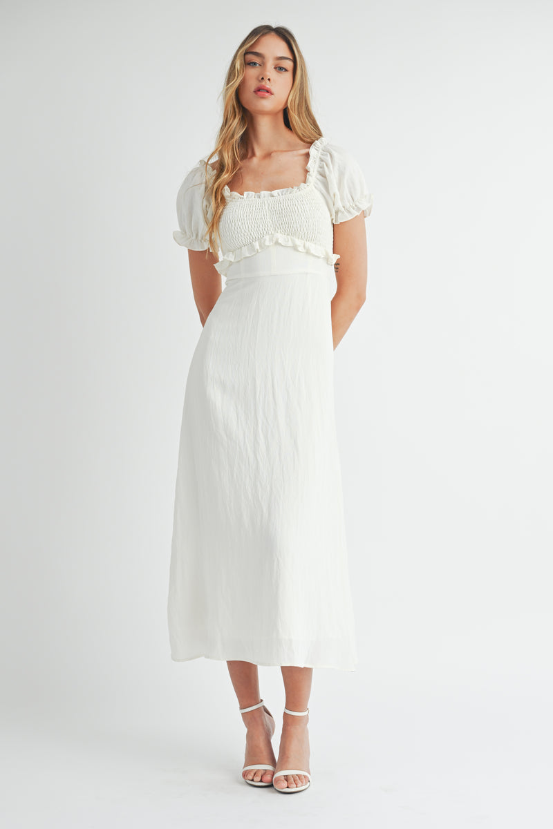 JODIE SMOCKED SHORT SLEEVE MIDI DRESS