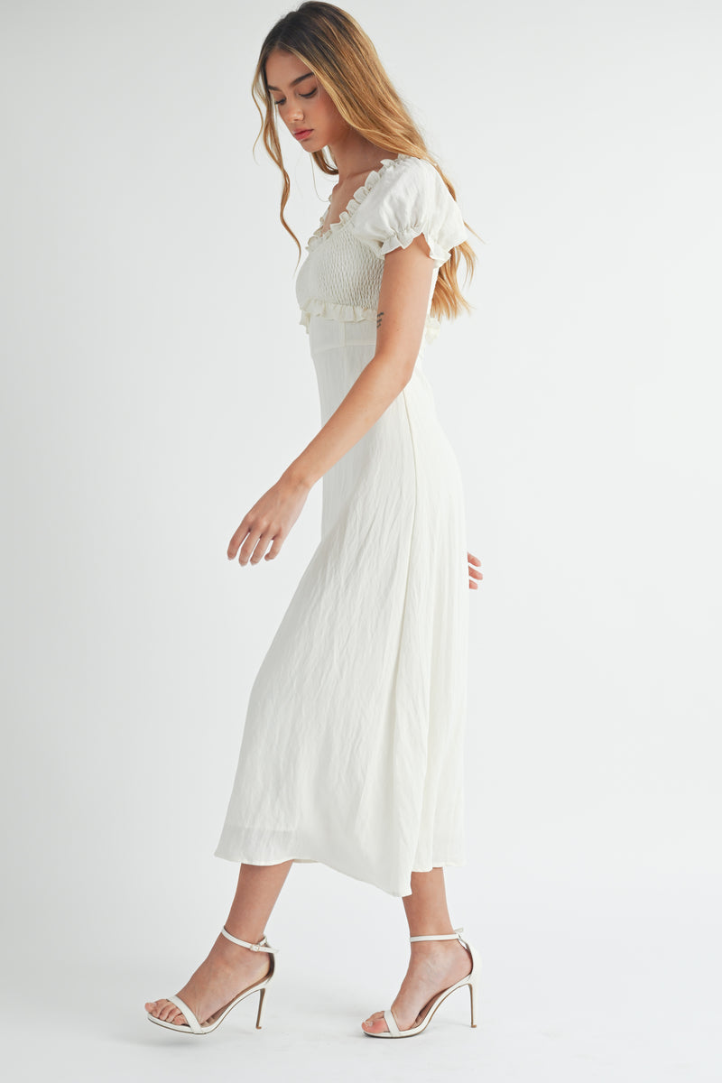 JODIE SMOCKED SHORT SLEEVE MIDI DRESS