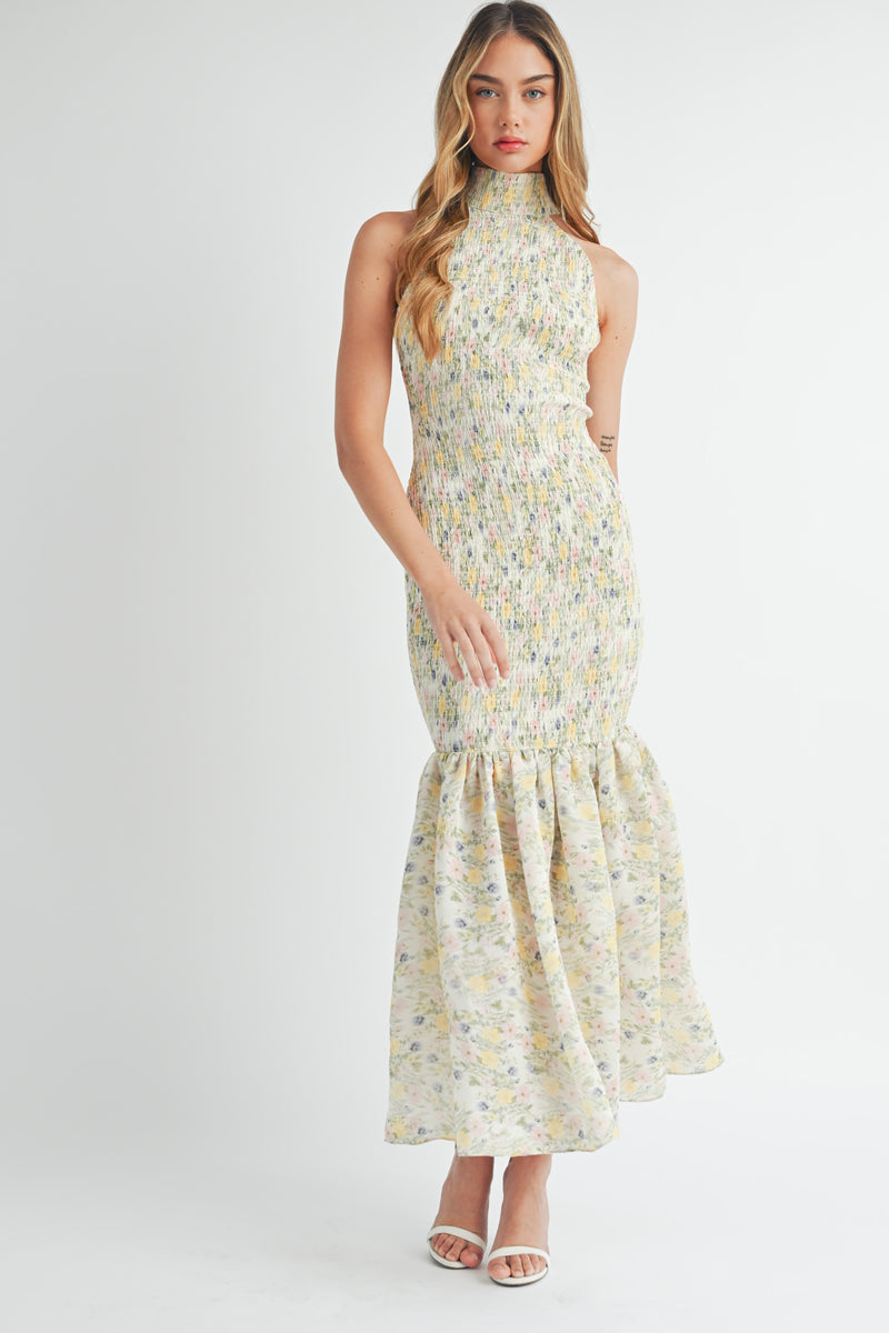 CRESSIDA SMOCKED MERMAID LINE MAXI DRESS