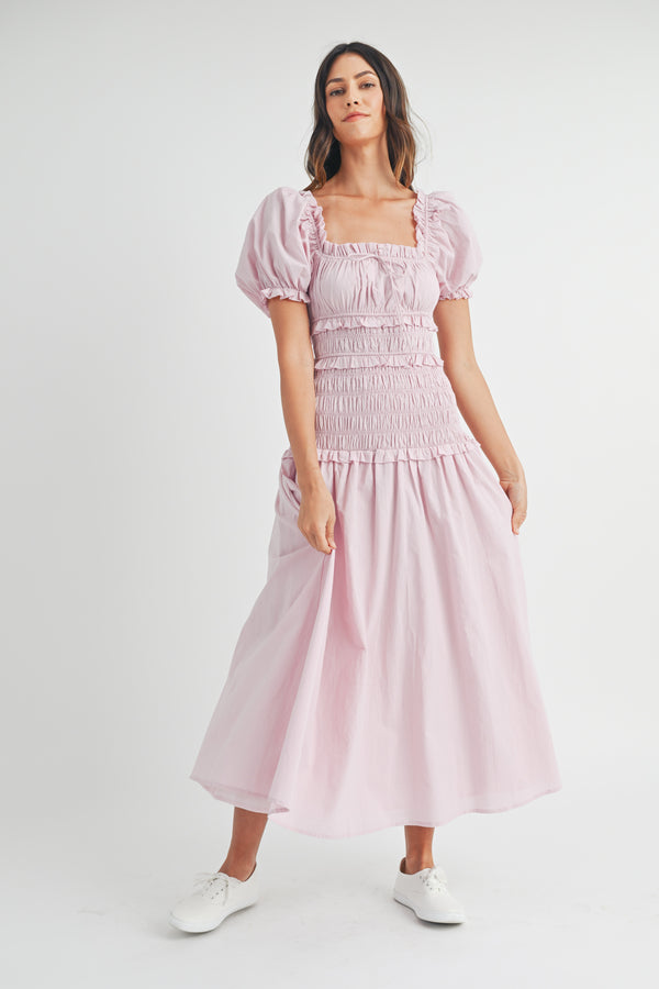 MONE PUFF SLEEVE SMOCKED TIERED MIDI DRESS