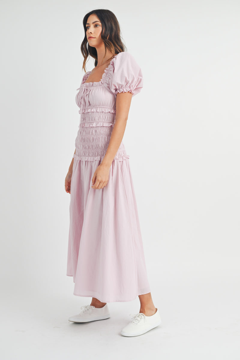 MONE PUFF SLEEVE SMOCKED TIERED MIDI DRESS