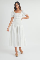 MONE PUFF SLEEVE SMOCKED TIERED MIDI DRESS