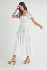 MONE PUFF SLEEVE SMOCKED TIERED MIDI DRESS