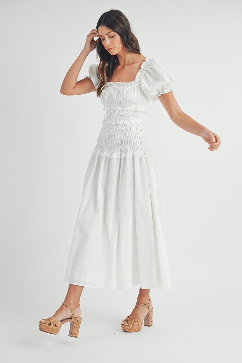 MONE PUFF SLEEVE SMOCKED TIERED MIDI DRESS