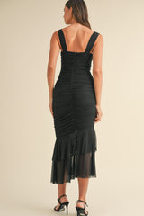 GRETEL RUCHED SOLID MESH MIDI DRESS
