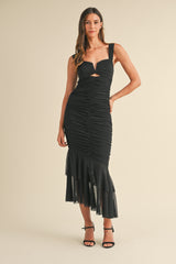 GRETEL RUCHED SOLID MESH MIDI DRESS