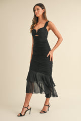 GRETEL RUCHED SOLID MESH MIDI DRESS