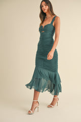 GRETEL RUCHED SOLID MESH MIDI DRESS