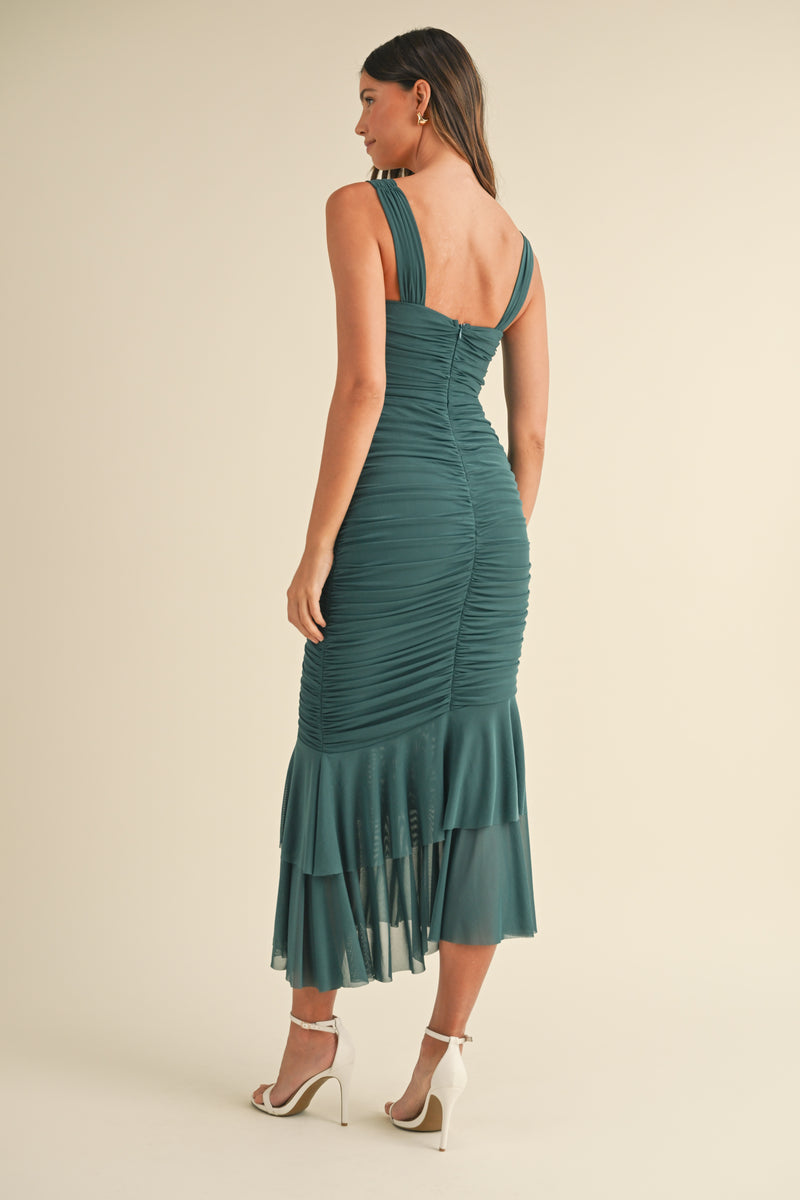 GRETEL RUCHED SOLID MESH MIDI DRESS