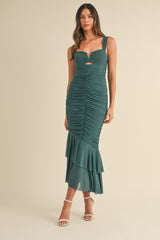 GRETEL RUCHED SOLID MESH MIDI DRESS