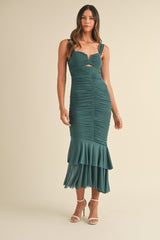 GRETEL RUCHED SOLID MESH MIDI DRESS