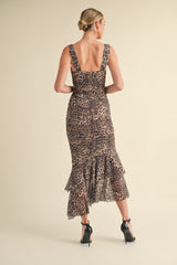 GLORIANA RUCHED LEOPARD PRINT MESH FISH TALE MIDI DRESS