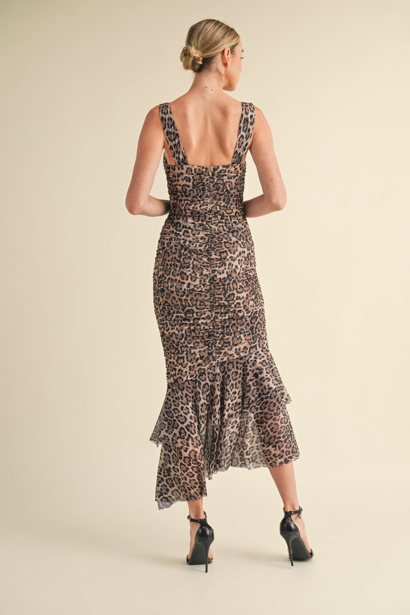 GLORIANA RUCHED LEOPARD PRINT MESH FISH TALE MIDI DRESS