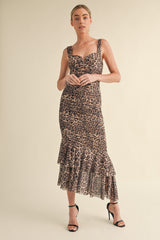 GLORIANA RUCHED LEOPARD PRINT MESH FISH TALE MIDI DRESS