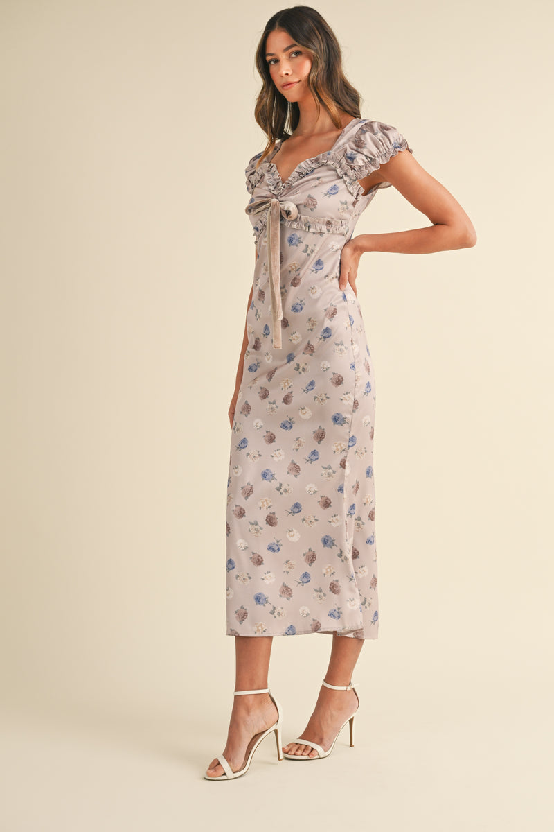 TENESIA FLORAL SWEETHEART NECKLINE MIDI DRESS