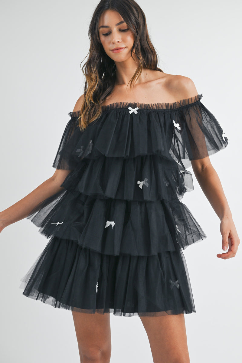 FRISA BOW TRIM TIERED TULLE MINI DRESS