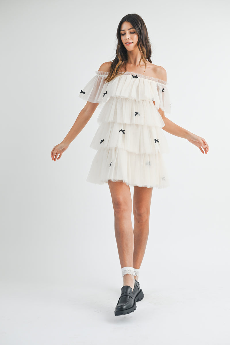 FRISA BOW TRIM TIERED TULLE MINI DRESS