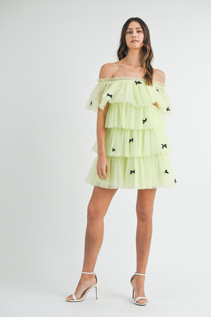 FRISA BOW TRIM TIERED TULLE MINI DRESS