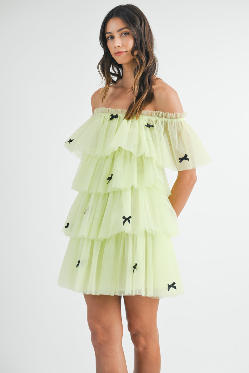 FRISA BOW TRIM TIERED TULLE MINI DRESS