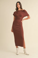 SANDRA OFF THE SHOULDER RIBBED KNIT MIDI DRESS