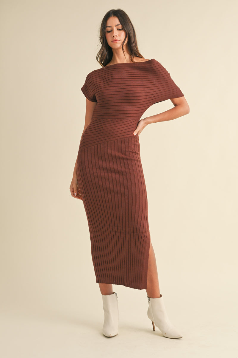 SANDRA OFF THE SHOULDER RIBBED KNIT MIDI DRESS