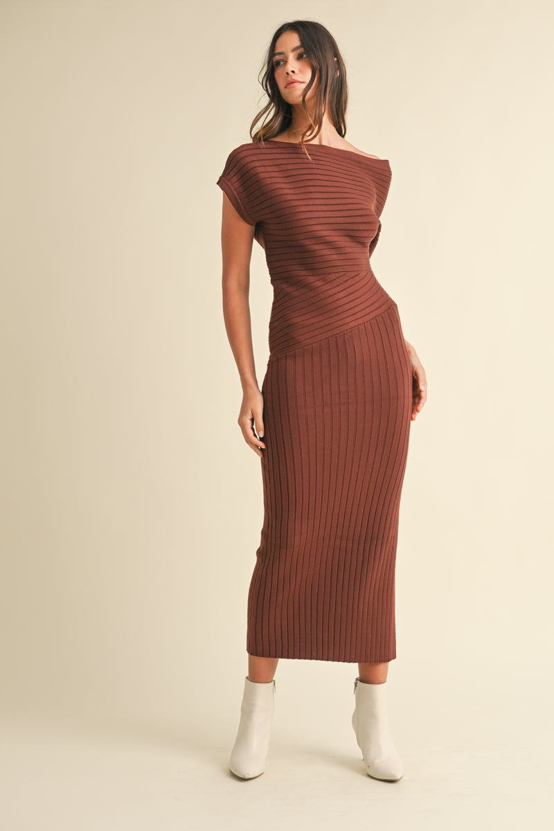 SANDRA OFF THE SHOULDER RIBBED KNIT MIDI DRESS