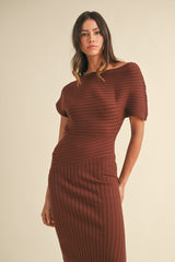 SANDRA OFF THE SHOULDER RIBBED KNIT MIDI DRESS