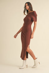 SANDRA OFF THE SHOULDER RIBBED KNIT MIDI DRESS
