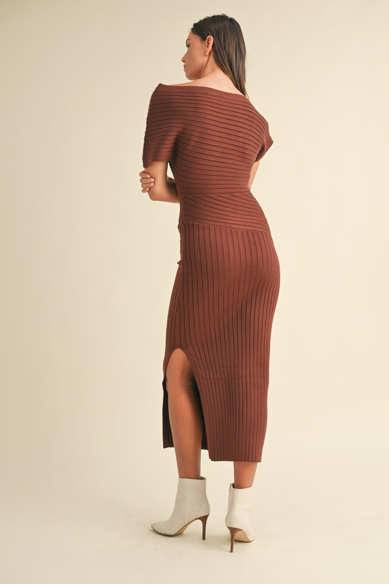 SANDRA OFF THE SHOULDER RIBBED KNIT MIDI DRESS