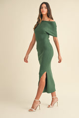 SANDRA OFF THE SHOULDER RIBBED KNIT MIDI DRESS