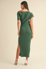 SANDRA OFF THE SHOULDER RIBBED KNIT MIDI DRESS