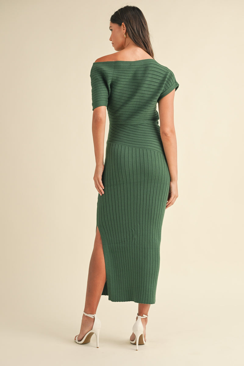 SANDRA OFF THE SHOULDER RIBBED KNIT MIDI DRESS